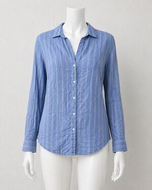 American Colors Denim Blue White Fuzzy Stitch Stripe Button Shirt M